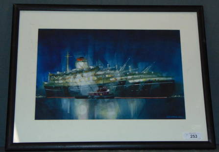 Andrea Doria Watercolor by Donald Stoltenberg: Lot consists of an original watercolor painting of the Andrea Doria by Donald Hugo Stoltenberg (1927 - 2016). Signed lower right at dated 2000. Sight seen approx. 21" x 13", overall frame size approx.