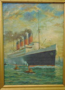 SS France, Print on Canvas, Richard Rummell: Nice colorful print on canvas of the SS France by Richard Rummell. Sight seen approx. 10.5" x 14.5", overall frame size approx. 14" x 17". Small tear in the upper left area. Frame has some wear. Pleas