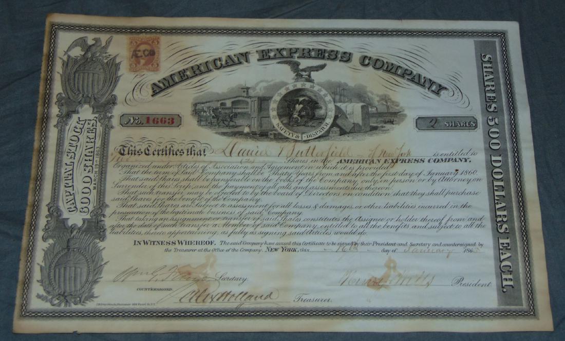 American Express Stock Certificate.: Lot is made up of a Stock Certificate Signed by both Wells and Fargo dated 1865.
