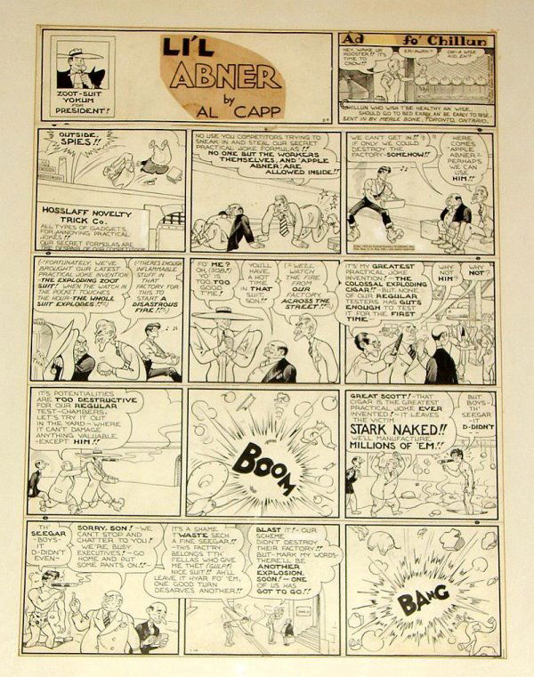 AL CAPP. LI'L ABNER. SUNDAY PAGE.: 1943 ORIGINAL SUNDAY. DATED TWICE. 5-9 IN THE HEADER AND 3-14 IN THE BOTTOM PANEL. EXCELLENT PAGE WITH ABNER AND ZOOT-SUIT YOKUM FEATURED. 19 X 26". FROM THE MARVIN CHANNING ESTATE.