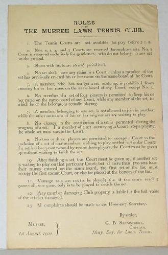 TENNIS, 1900 BROADSIDE: TENNIS. 1900 BROADSIDE. RULES OF THE MURREE LAWN TENNIS CLUB 8/1/1900. 8 X 13 INCHES, EXCELLENT CONDITION. SEE IMAGES OR CALL FOR MORE DETAILS