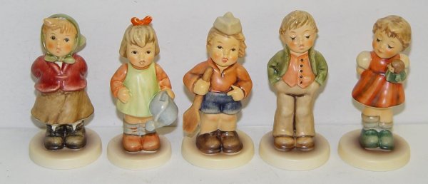 LOT OF FIVE HUMMELS: INCLUDES: #2148 / B FIRST DATE, 4" TALL, TMK-8. #729 NATURE'S GIFT, 3.5" TALL, TMK-7. #2181 CLEAR AS A BELL, 3.75" TALL, TMK-8. #2103 / A PUPPET PRINCESS, 3.75" TALL, TMK-8. # 848 STEADFAST SOPRANO, 4