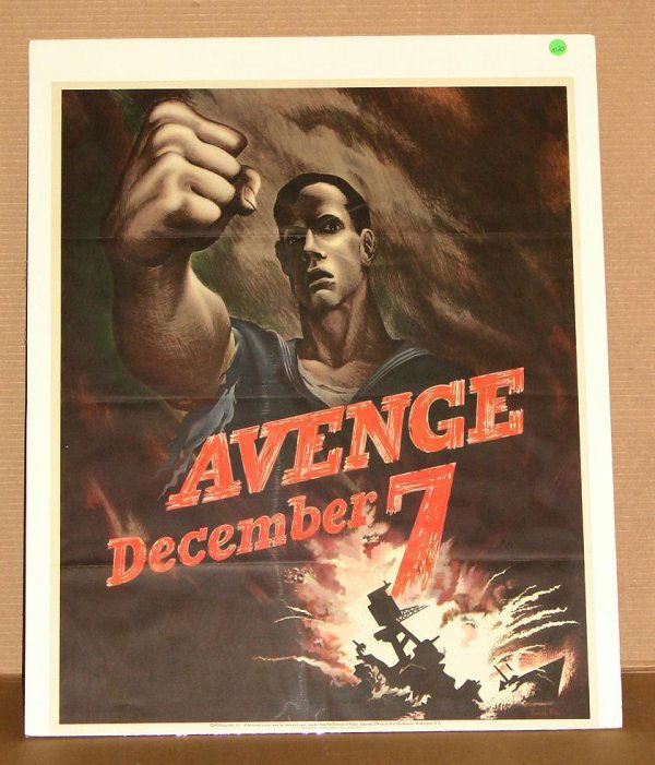 ORIG. WWII POSTER - BERNARD PERLIN: AVENGE DECEMBER 7 / BERNARD PERLIN 1942. OWI - POSTER NO. 15. 22" X 28", ORIG. FOLD LINES.