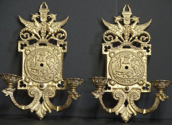PAIR ANTIQUE BRONZE GRIFFON SCONCES