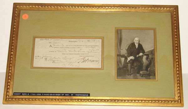 ROBERT MORRIS DOCUMENT SIGNED.: DATED 1783 CHECK PRINTED IN FRENCH FOR 30,000 POUNDS. STRONG BOLD SIGNATURE.
