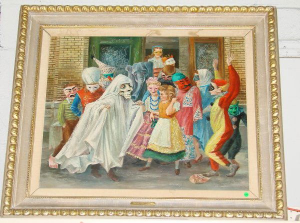 AARON BOHROD CHILDREN IN COSTUME: Fabulous oil on board by Aaron Bohrod. Never before offered for auction, this marvelous painting comes directly from the Aaron Bohrod estate. It was exhibited at Associated American Artist's, New York