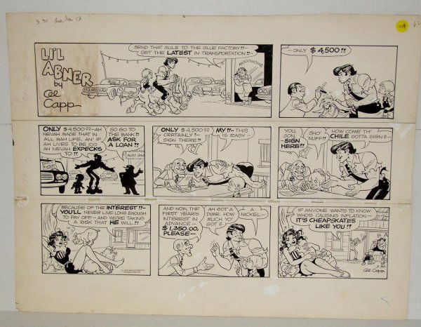 AL CAPP. LIL ABNER. SUNDAY PAGE.: 3-30-1975. ABNR APPEARS IN SEVEN PANELS. SIGNED LOWER RIGHT. 19" X 25"
