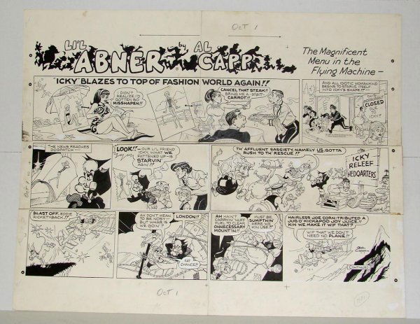 AL CAPP. ORIGINAL SUNDAY PAGE.: 10-1-1967 "THE MAGNIFICENT MENU IN THE FLYING MACHINE".