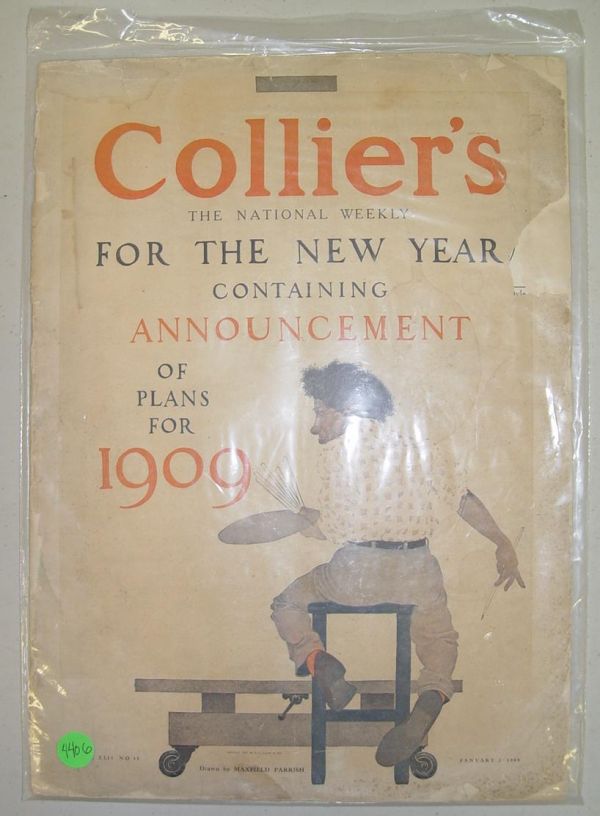 1909 COLLIER'S MAGAZINE MAXFIELD PARRISH COVER: DATED JANUARY 2ND 1909, CONTAINS 30 INTERIOR PAGES MISSING BACK COVER. FRONT COVER DETACHED. FRONT COVER DRAWN BY MAXFIELD PARRISH. COVER SHOWS WEAR WITH RIPS AND MISSING PIECES.