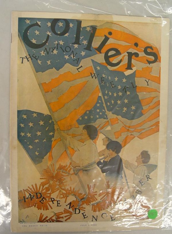 1906 COLLIER'S MAGAZINE MAXFIELD PARRISH COVER: DATED JULY 7TH 1906. COMPLETE WITH BACK AND FRONT COVERS. LIGHT TEARS WITH EDGE WEAR THROUGHOUT. COVER DRAWN BY MAXFIELD PARRISH.