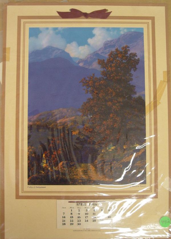 1946 MAXFIELD PARRISH CALENDAR: CALENDAR FEATURES IMAGE OF "VALLEY OF ENCHANTMENT" BY MAXFIELD PARRISH 1946. JAN, FEB, & MARCH HAVE BEEN TORN FROM THE BOTTOM, REMAINING IS APRIL-DEC. EACH MONTH PAGE HAS LIGHT PENCIL MARKINGS RIGHT E
