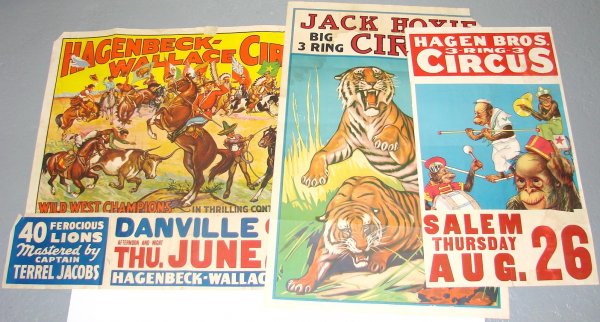 MIXED LOT OF CIRCUS POSTERS: 3 PIECE LOT INCLUDES CIRCUS POSTERS FOR HAGEN BROS., HAGENBECK-WALLACE AND JACK HOXIE CIRCUSES. SIZES UP TO 36" BY 42". SOME WITH STUBS, SOME SHOW WEAR. FROM THE ESTATE OF HUGO ZEITER