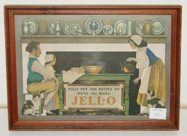 MAXFIELD PARRISH POLLY KETTLE JELLO AD: ORIGINAL MAXFIELD PARRISH "JELL-O" AD. "POLLY PUT THE KETTLE ON WE'LL ALL MAKE JELL-O". FRAMED PIECE. SOME LIGHT CREASES AND EDGE TANNING SPOTS. IMAGE SEEN IS APPROX. 12-1-/2" X 9".