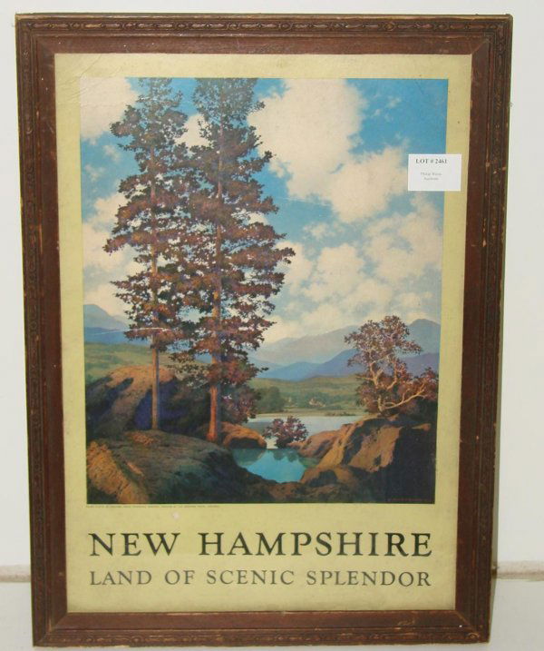 MAXFIELD PARRISH PRINT NEW HAMPSHIRE: CIRCA 1930, MAXFIELD PARRISH PRINT. "NEW HAMPSHIRE - LAND OF SCENIC SPLENDOR". FRAMED PIECE. SHOWS EDGE AND CORNER WEAR WITH SCUFFING AND LIGHT STAINS. THERE IS ALSO SOME CREASES. IMAGE SEEN IS APPROX