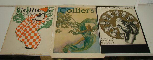 LOT OF 3 MAXFIELD PARRISH COVER ILLUSTRATIONS: LOT CONSISTS OF (3) MAXFIELD PARRISH MAGAZINE COVER ILLUSTRATIONS. INCLUDED ARE THE COVERS ONLY. NATIONAL WEEKLY JANUARY 1905, TRIMMED AND MOUNTED TO BLACK PAPER. COLLIER'S APRIL 1911, AND COLLIER'S J