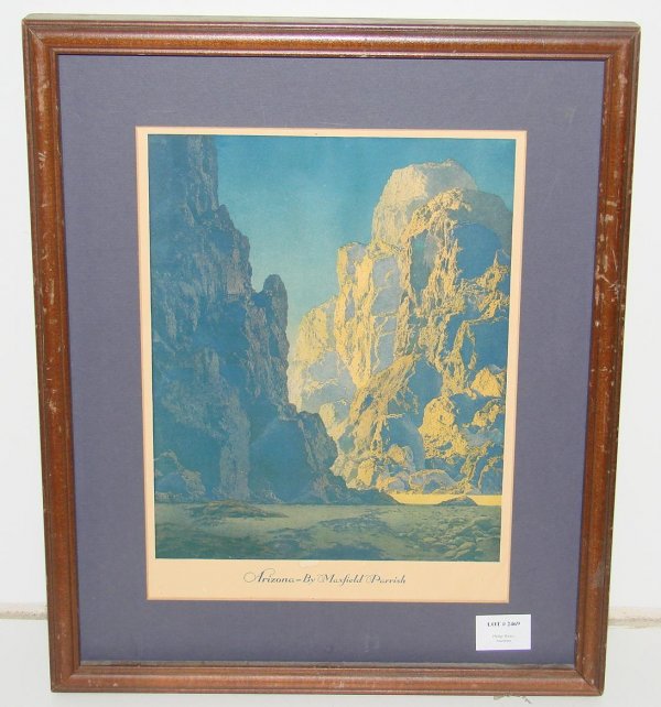 MAXFIELD PARRISH PRINT - ARIZONA: ARIZONA - ROCK OF AGES PRINT BY MAXFIELD PARRISH. FRAMED PIECE. IMAGE IS APPROX. 8-3/4" X 11". PRINT HAS SOME LIGHT CREASES AND SOME SMALL STAINS ALONG THE BOTTOM EDGE.