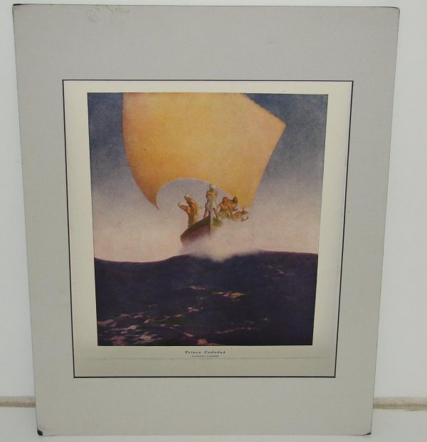 MAXFIELD PARRISH ILLUSTRATION: ORIGINAL MAXFIELD PARRISH ILLUSTRATION "PRINCE OF CODADAD" SAILING ON A PURPLE SEA. IMAGE SIZE IS APPROX. 9" X 11". MATTED. GOOD CONDITION, SOME LIGHT EDGE CREASES.