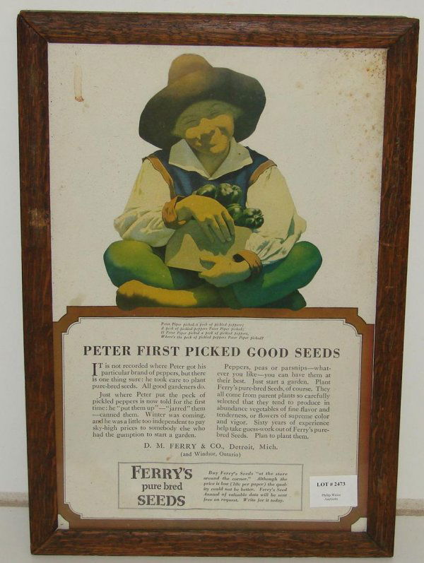MAXFIELD PARRISH FERRY'S SEEDS AD: LOT CONSISTS OF A VINTAGE FERRY'S SEEDS AD BY MAXFIELD PARRISH. 9. FEATURES THE NURSERY RHYME FOR "PETER, PIPER". FRAMED TO THE EDGE. APPROX. 9-1/4" X 14-1/2". SHOWS SOME WEAR WITH STAINS, SOILED SPOT