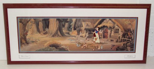 SNOW WHITE AND THE SEVEN DWARFS CEL SET-UPS: LIMITED EDITION-CEL SET-UPS FROM WALT DISNEY'S 1937 ANIMATED FEATURE FILM. CEL MEASURES 31 1/2 X 9 FRAME MEASURES 39 1/2 X 18. SIGNED BY BILL JUSTICE COMES WITH COA.
