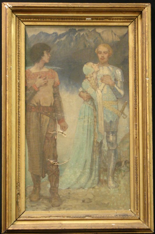 ANNA RICHARDS BREWSTER OIL ON CANVAS SINTRAM: Anna Richards Brewster [American, 1870-1952], Daughter of William Trost Richards. Oil on canvas "Sintram". In the style of Maxfield Parrish. Born in Germantown, Pennsylvania, Anna Brewster was the dau