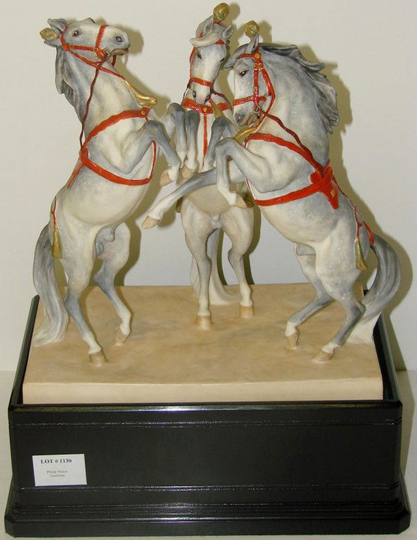 C.1936 DORIS LINDNER CIRCUS HORSES FIGURINE: ORIGINAL ROYAL WORCESTER FIGURINE TITLED "CIRCUS HORSES" MODELLED BY DORIS LINDER. CIRCA 1936, UNLIMITED EDITION. MARKED 3179 AND 3502G. APPROX. 14-1/2" TALL WITH BASE. COMES WITH ORIGINAL WOOD PLINTH