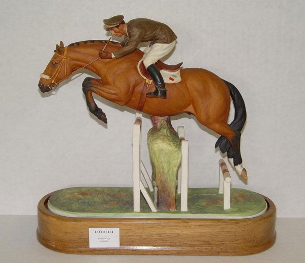 1963 DORIS LINDNER MERANO & CAP. RAIMONDO: ORIGINAL ROYAL WORCESTER FIGURINE TITLED "MERANO AND CAP. RAIMONDO D'INZEO", 1963, MODELLED BY DORIS LINDER. EDITION OF 500. MARKED NO. 3715M. COMPLETE WITH WOOD PLINTH BASE. STANDS APPROX. 11-1/2" HI