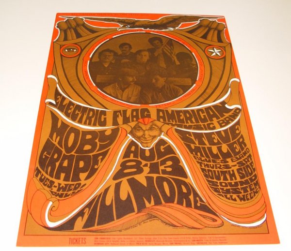 BG - 77 POSTER - ELECTRIC FLAG: 14" x 21". BG - 77. 1967. ARTIST BONNIE MACLEAN AND JIM MARSHALL. ELECTRIC FLAG, MOBY GRAPE AT THE FILLMORE AUDITORIUM. CORNERS HAVE SLIGHT DAMAGE.