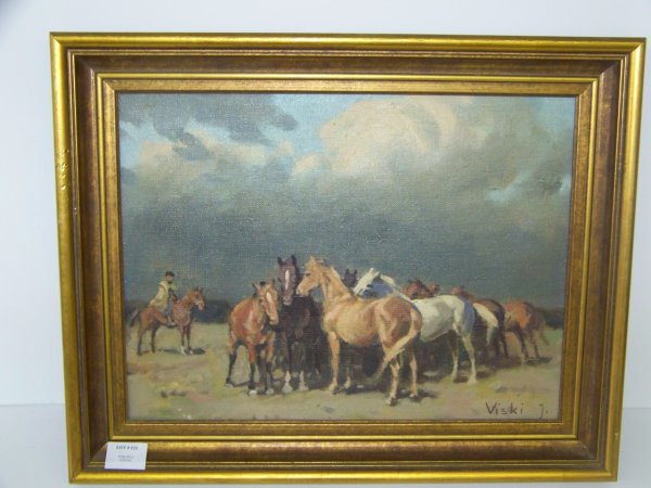 J. VISKI. OIL ON CANVAS.: CORRALLING THE HORSES. SIGNED VISKI. 12 X 15 1/2".