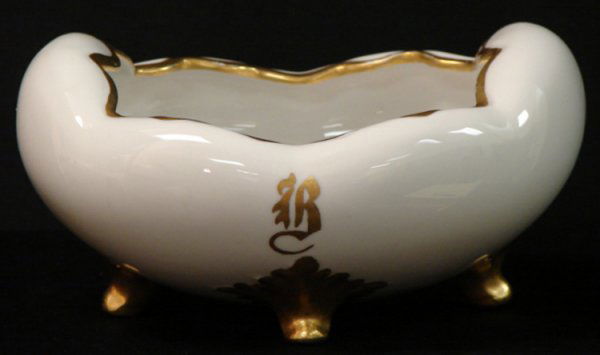 VINTAGE MZ AUSTRIA PORCELAIN MONOGRAM DISH: Unique egg shaped porcelain footed bowl with a gilt enamel "B" monogram. Gilt enamel trim around the rim and on the feet. Hallmark on base reads MZ, Austria (Moritz Zdekauer) with the crown stamp and