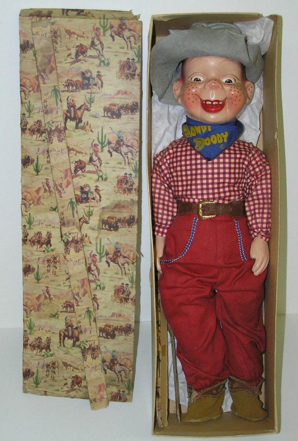 HOWDY DOODY DOLL.: ORIGINAL EFFANBEE HOWDY DOLL IN OUTSTANDING CONDITION. COMES IN ORIGINAL BOX WITH TOP LACKING FLAPS. SIDE PANEL HAS PERFECT LABEL. RARE.
