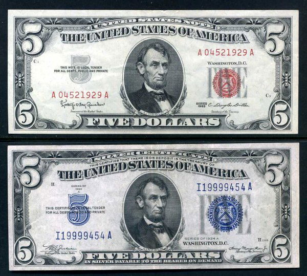 U.S. LOT OF TWO FIVE DOLLAR BILLS: LOT INCLUDES SERIES OF 1934 BLUE SEAL AND SERIES OF 1963 RED SEAL.