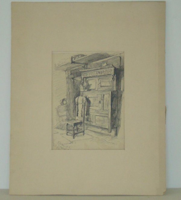 EDWIN AUSTIN ABBEY. PENCIL ON PAPER.: AMERICAN 1852-1911. KITCHE OF THE "MORTAL MAN". PENCIL ON PAPER. SIGNED AND TITLED LOWER LEFT. FROM THE PELHAM ESTATE.