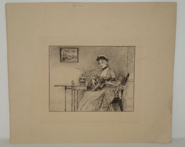EDWIN AUSTIN ABBEY. ENGRAVING.: WOMAN SEATED BY A LUTE. SIGNED AND DATED 1885 IN PLATE LOWER RIGHT. FROM THE PELHAM ESTATE.