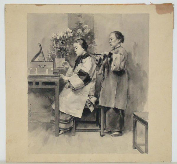 CHARLES DATER WELDON. WATERCOLOR.: AMERICAN 1844-1935. RAIN COSTUME. SIGNED AND TITLED. WATERCOLOR ON PAPER. 13 1/2" X 9" SHEET. FROM THE PELHAM ESTATE.