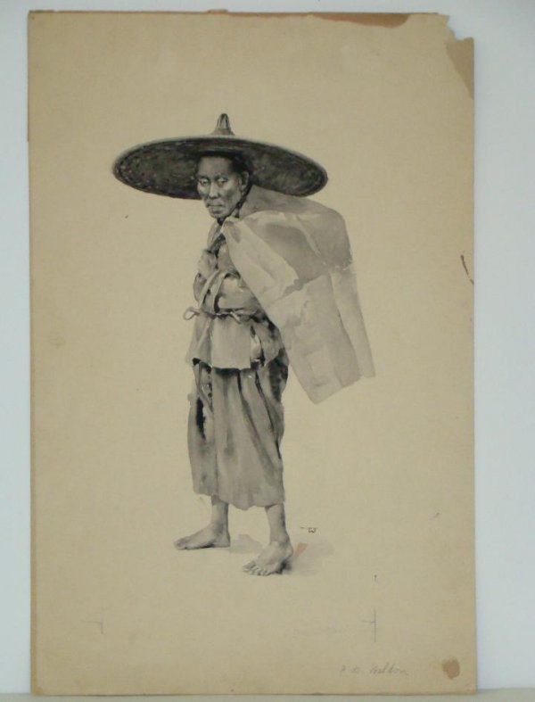 CHARLES DATER WELDON. WATERCOLOR.: AMERICAN 1844-1935. THE STORY OF MIN PI " ALESON IN THE PROPER MODE OF DRESSING THE HAIR". SIGNED ILLEGIBLY AND ANNOTATED VERSO. WATERCOLOR ON PAPER. 8 1/2" X 7 1/2". IMAGE SIZE. FROM THE PELHAM ESTAT