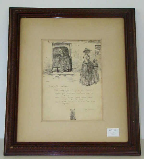 EDWIN AUSTIN ABBEY. PEN AND INK ON PAPER.: TO AN OLD WOMAN. SIGNED E. A. ABBEY AND DATED 1880, THE POEM BY ROB. HEARICKE. PEN AND INK ON PAPER. 10 1/4" X 7" SIGHT. FRAMED. FROM THE PELHAM ESTATE.