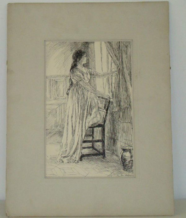 EDWIN AUSTIN ABBEY. 1852-1911.: WOMAN BY WINDOW. PEN AND INK DRAWING. SIGNED LOWER RIGHT. 10 1/2" X 6 3/4" SIGHT. FROM THE PELHAM ESTATE.
