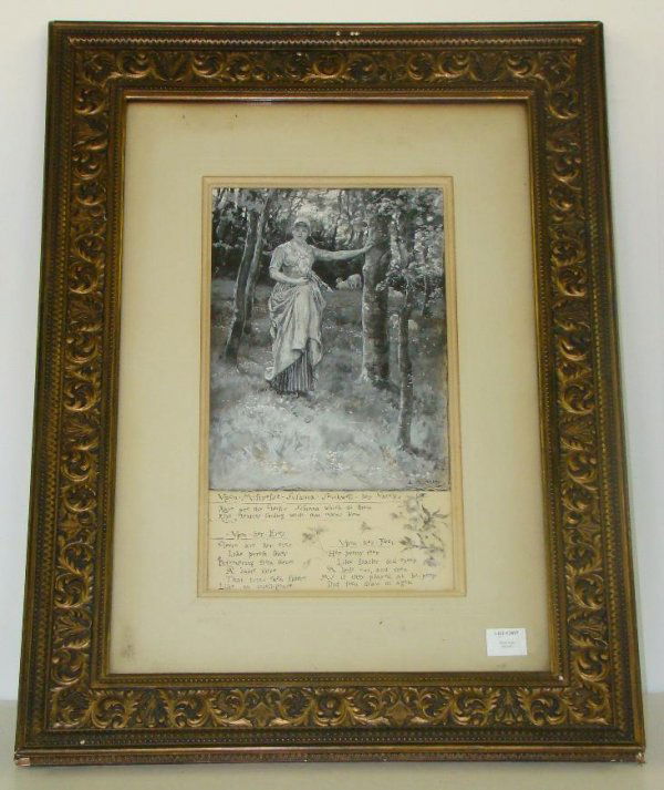 EDWIN AUSTIN ABBEY. 1852-1911.: UPON MISTRESSE SUSANNA SOUTHWALE. SIGNED LOWER RIGHT. WATERCOLOR ON PAPER WITH INSCRIBED POEM. 16 X 8 1/2" SIGHT. FROM THE PELHAM ESTATE.