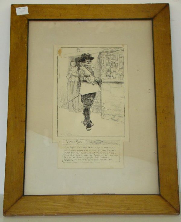 EDWIN AUSTIN ABBEY. AMERICAN 1852-1911.: UPON SPURR... SIGNED LOWER LEFT AND INSCRIBED: LONDON JUNE 1880. INK DRAWING. 15 1/2" X 8 3/4" SIGHT. FROM THE PELHAM ESTATE.