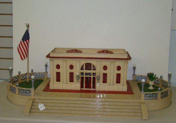 LIONEL STATION WITH LIONEL TERRACE: 38"W X 17"T (WITH FLAG POLE), ORIGINAL LIONEL STATION 115 WITH A NEWER LIONEL TERRACE 129.