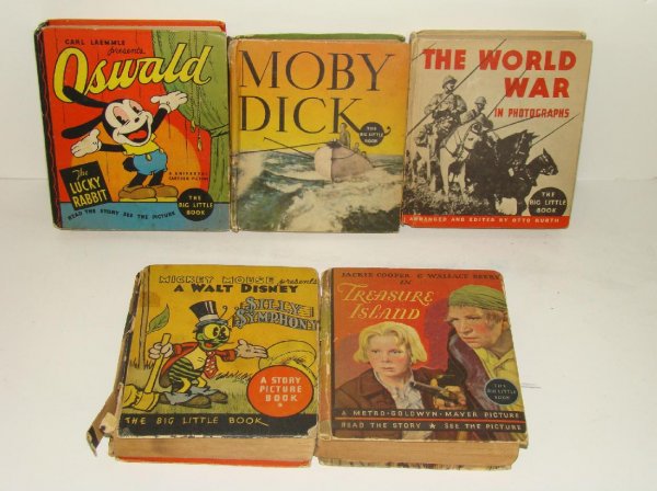 BIG LITTLE BOOKS. ASSORTED TITLES.: LOT OF 5 BIG LITTLE BOOKS INCLUDING THE WORLD WAR IN PHOTOGRAPHS, MOBY DICK, OSWALD-THE LUCKY RABBIT, A WALT DISNEY-SILLY SYMPHONY & TREASURE ISLAND. VG TO FINE.