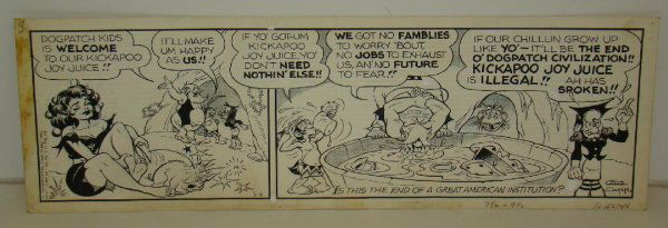 1964 AL CAPP - LI'L ABNER COMIC STRIP DAILY: LOT CONSISTS OF AN ORIGINAL 2 PANEL COMIC STRIP DAILY FOR "LI'L ABNER" BY AL CAPP, 1964. DATED IN THE 1st PANEL "5-6". APPROX. 19-3/4" X 6-1/2". THERE IS A VERTICAL CREASE THRU THE 2nd PANEL. OVERALL
