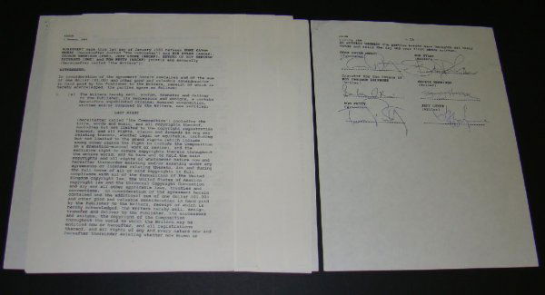 TRAVELING WILBURYS SIGNED CONTRACT: A PUBLISHING CONTRACT FOR THE TRAVELIN' WILBURY'S DATED JANUARY 1, 1989. WHICH HAS BEEN SIGNED BY: GEORGE HARRISON, BOB DYLAN, TOM PETTY, JEFF LYNNE,AND ROY ORBISON'S WIDOW BARBARA. ALL HAVE SIGNED AS