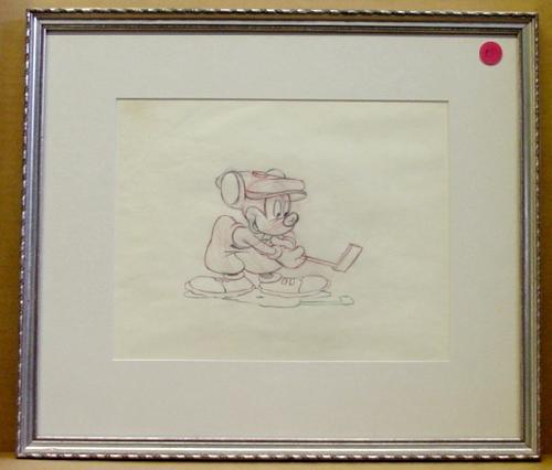 DISNEY PRODUCTION DRAWING MICKEY MOUSE: DISNEY. CIRCA LATE 30'S EARLY 40'S PRODUCTION DRAWING OF MICKEY MOUSE PLAYING GOLF. GRAPHITE AND RED PENCIL. 5 X 6" IMAGE SIZE. PLEASE SEE IMAGES OR CALL FOR MORE DETAILS.