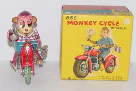 TIN LITHO MONKEY CYCLE WIND UP: JAPANESE TIN LITHO MONKEY CYCLE WIND UP IN ORIGINAL BOX. PLEASE SEE IMAGES OR CALL FOR MORE DETAILS