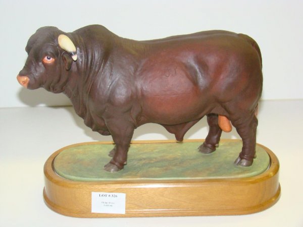 1961 DORIS LINDNER. SANTA GERTRUDOS BULL: ORIGINAL ROYAL WORCESTER FIGURINE TITLED "SANTA GERTRUDOS BULL", 1961, MODELLED BY DORIS LINDER. EDITION OF 500. MARKED "2519D". COMPLETE WITH WOOD PLINTH BASE. APPEARS TO BE IN FINE CONDITION. SOLD A