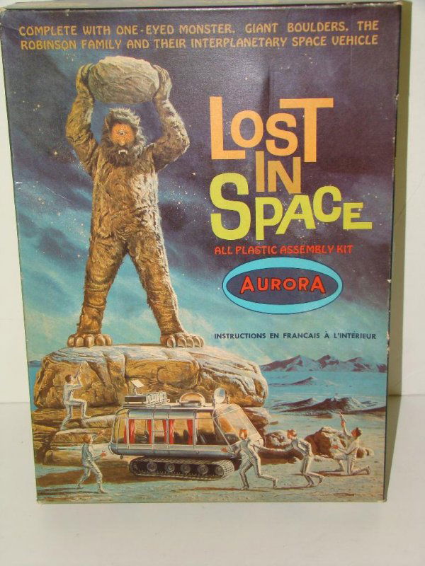 BOXED ORIG AURORA #420 LOST IN SPACE KIT: LOT CONSISTS OF AN ORIGINAL, BOXED AURORA "LOST IN SPACE" MODEL KIT, #420, COPYRIGHT 1966. "ONE EYED MONSTER, GIANT BOULDERS, AND THE ROBINSON FAMILY AND THEIR INTERPLANETARY SPACE VEHICLE". KIT APPEA