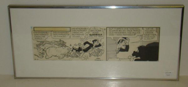AL CAPP LI'L ABNER COMIC STRIP DAILY 1973: ORIGINAL "LI'L ABNER" COMIC STRIP DAILY BY AL CAPP. DATED 8-13-73. DAILY FEATURES 2 PANELS, DONE IN INK. DAILY SIZE; 19 1/2" X 5", OVER FRAMED PIECE 25 14" X 11 1/2".