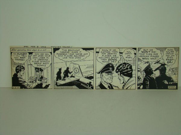 1943 Ella Cinders Daily Comic Strip Art: "Ella Cinders" Daily Comic Strip Original Art, by Charlie Plumb, February 5, 1943, with Nazis, "Fri. Feb. 5, 1943 …. Patches Talks" hand written above strip panels, 6" x 22.25," from the Ralph Kent