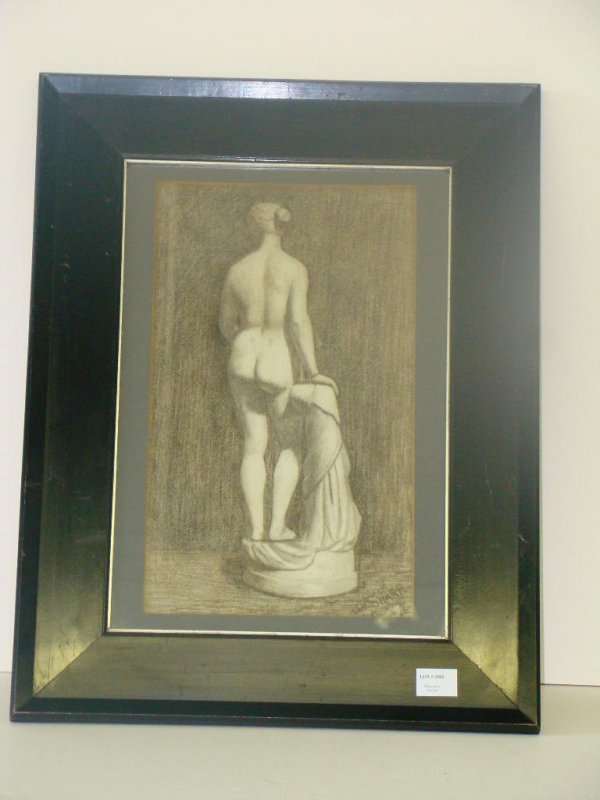 J.H. SHARP 1896. NUDE. CHARCOAL ON PAPER: LOT CONSISTS OF A "NUDE" CHARCOAL ON PAPER BY JOSEPH HENRY SHARP. SIGNED AT THE LOWER RIGHT "J.H. SHARP, 1896". IMAGE SEEN IS APPROX. 9-1/2" X 16-1/2". OVERALL FRAMED PIECE IS APPROX. 18-1/2" X 24". T